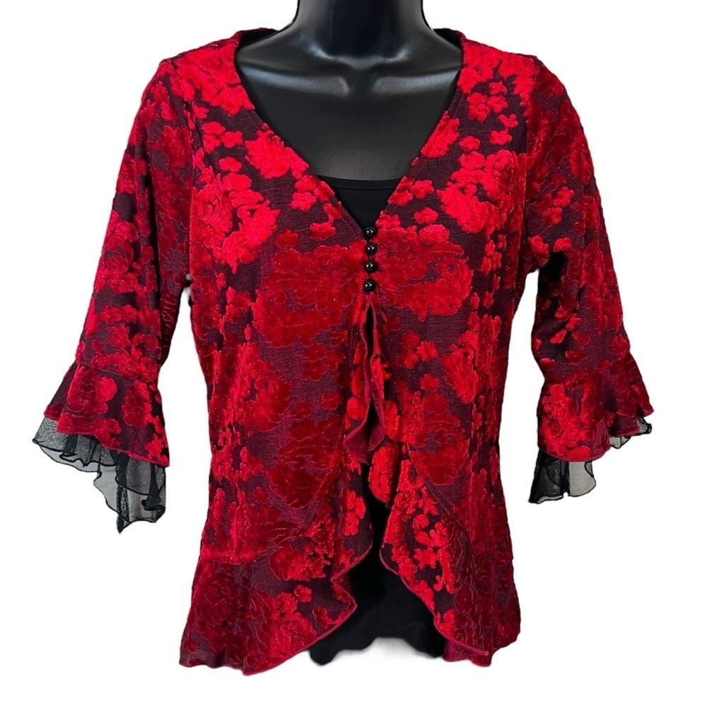 New Directions Petite Burnout Velvet Layered Whimsigoth Top